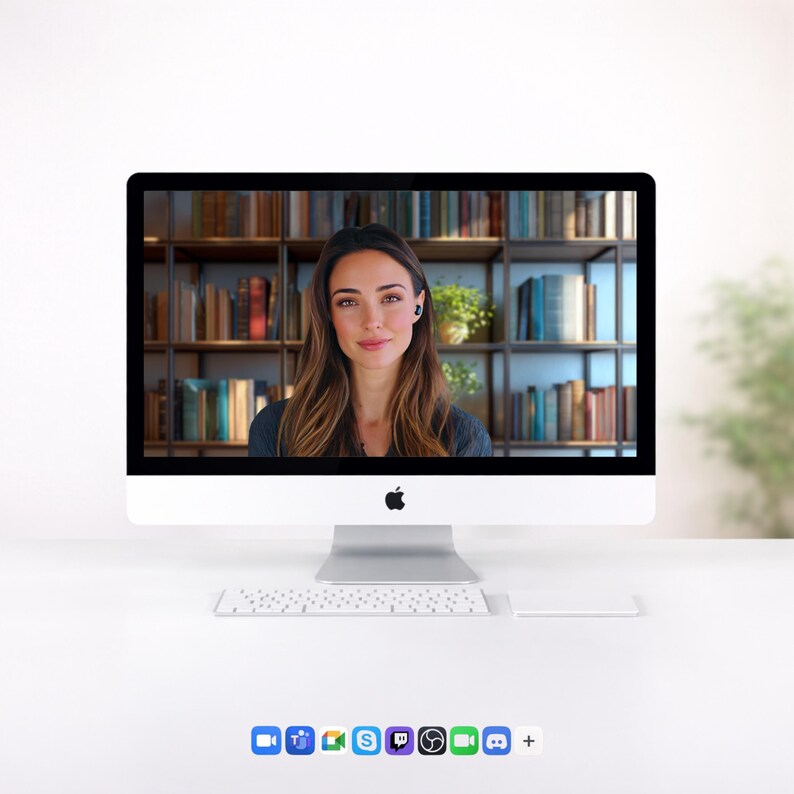 May include: A silver Apple iMac computer with a white keyboard and trackpad. The screen displays a video call featuring a person with long brown hair in front of a bookshelf. Below the screen are icons for various communication applications.