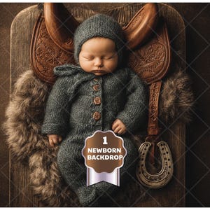 May include: A newborn baby wearing a gray knit outfit with a matching hood, lying on a brown saddle. The saddle is on a wooden surface with a fur-like material. A metal horseshoe and the text "1 NEWBORN BACKDROP" are also visible.