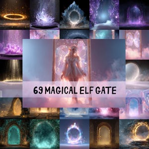 Puede incluir: Un collage de arte fantástico con portales, cristales y un elfo. La imagen central muestra a un elfo con un vestido blanco de pie en un portal. El texto "69 MAGICAL ELF GATE" se muestra en la imagen.