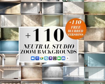 May include: A collage of neutral studio Zoom backgrounds. The image features a grid of various interior scenes with different lighting and textures. Text on the image reads "+110 FREE BLURRED VERSIONS" and "NEUTRAL STUDIO ZOOM BACKGROUNDS".