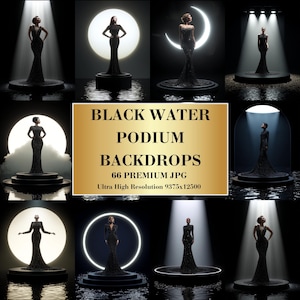 Décors de podium en eau noire | Fonds de scène de luxe en eau sombre | Photographie et portrait, toile de fond numérique