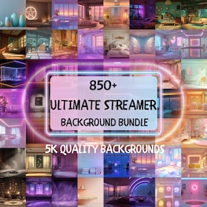 Puede incluir: Una colección de fondos de diseño de interiores, con varias habitaciones con diferentes iluminaciones y decoraciones. La imagen incluye el texto "850+ Ultimate Streamer Background Bundle" y "5K Quality Backgrounds" en un marco de neón.
