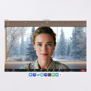 May include: A Zoom meeting interface displays a woman with blonde hair and blue eyes wearing a patterned top and white earbuds. The background shows a snowy forest scene. The Zoom interface includes various icons and the text "Zoom Meeting".