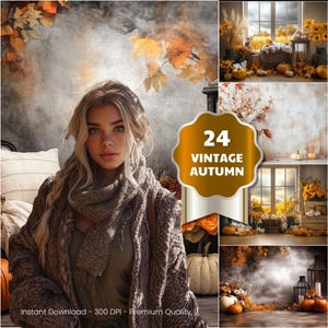 May include: A composite image featuring a woman with blonde hair and a cozy, brown knit scarf and sweater. The image includes a gold badge that reads "24 Vintage Autumn" and several autumn-themed background scenes with pumpkins and fall foliage.