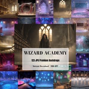 May include: A collection of 123 digital backdrops featuring a wizard academy theme, including scenes of stone halls, libraries, glowing magical forests, and misty chambers with arched windows, all presented in a high-resolution 300 DPI JPG format.