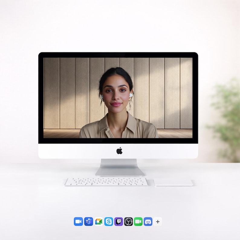 May include: A white iMac computer with a black screen displaying a woman wearing a tan shirt and white earbuds. A white keyboard and trackpad are in front of the computer. The background is a light wood panel wall.