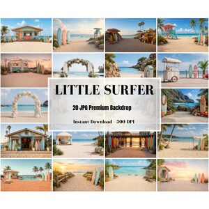 Könnte beinhalten: Eine Sammlung von 20 digitalen Fotohintergründen mit dem Titel LITTLE SURFER, die verschiedene Strandszenen mit Surfbrettern, Tropenhütten, Blumenbögen und Küstenlandschaften zeigen, als hochauflösende 300 DPI JPG-Dateien.
