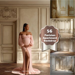 May include: A woman in a light pink off-the-shoulder maternity dress stands in front of a Parisian apartment backdrop. The backdrop features ornate wall paneling and a wooden floor. The image includes a badge that says "56 Parisian Apartment Backdrop".