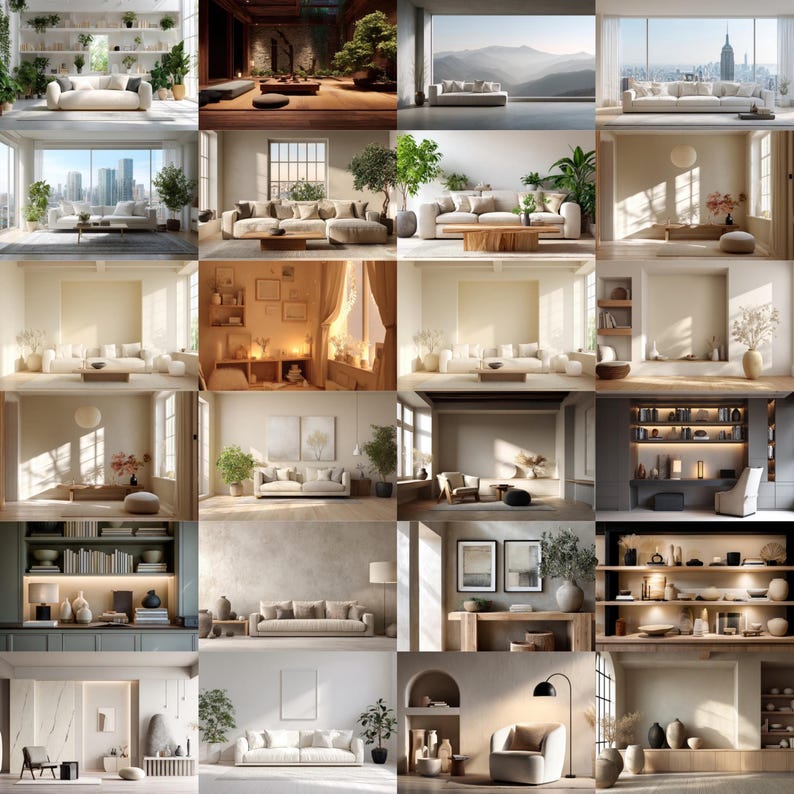 May include: A collection of twenty interior living room scenes featuring various sofas, armchairs, shelving units, and decorative accents in neutral color palettes, showcasing diverse lighting conditions and architectural layouts.