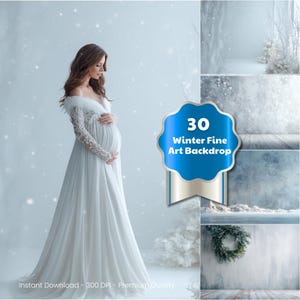 May include: A pregnant person in a white gown with lace sleeves and a fur-like shawl, set against a winter backdrop. The image includes a blue badge with the text "30 Winter Fine Art Backdrop" and a selection of winter-themed backgrounds.