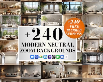 May include: A collage of modern, neutral Zoom backgrounds. The image features various interior designs with sofas, plants, and natural light. Text reads "+240 FREE BLURRED VERSIONS" and "MODERN NEUTRAL ZOOM BACKGROUNDS". Social media icons are also present.