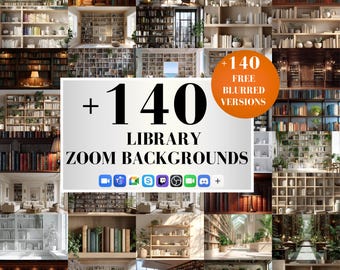 May include: A collage of library-themed Zoom backgrounds. The image features various library settings, including bookshelves, reading nooks, and architectural details. The text overlay reads "+140 LIBRARY ZOOM BACKGROUNDS" with icons for different video conferencing platforms.