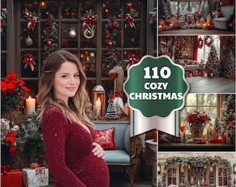 May include: A woman in a red dress poses in front of a Christmas-themed window display. The display includes red bows, ornaments, and greenery. The image also features a collage of cozy Christmas scenes, with text that reads "110 COZY CHRISTMAS".