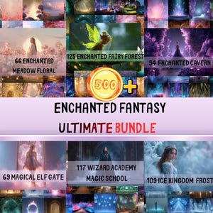 Könnte beinhalten: Ein Werbebild für ein "Enchanted Fantasy Ultimate Bundle" mit verschiedenen digitalen Kunstsammlungen zum Thema Fantasy. Das Bild enthält Texte wie "Enchanted Meadow Floral", "Enchanted Fairy Forest" und "Ice Kingdom Frost".