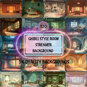 Könnte beinhalten: Eine Sammlung von 12 Ghibli-Stil Raumhintergründen für Streamer. Das Bild zeigt verschiedene Innenszenen mit warmer Beleuchtung und detaillierter Einrichtung. Der Text auf dem Bild lautet "Ghibli Style Room Streamer Background" und "5K Quality Backgrounds".