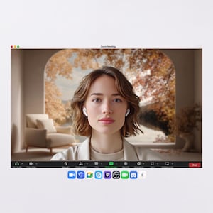 May include: A Zoom Meeting interface displays a woman wearing a white blazer and wireless earbuds. The background shows an arched window with a view of autumn foliage. The Zoom interface includes icons for video, audio, and screen sharing.