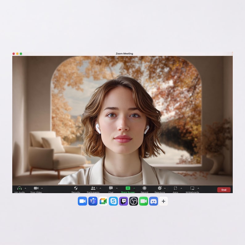 May include: A Zoom Meeting interface displays a woman wearing a white blazer and wireless earbuds. The background shows an arched window with a view of autumn foliage. The Zoom interface includes icons for video, audio, and screen sharing.