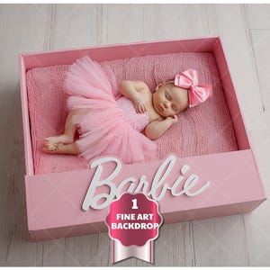 Puede incluir: Un bebé recién nacido durmiendo, con un tutú y un lazo rosa, dentro de una caja rosa. La caja tiene la palabra "Barbie" en escritura blanca y una pegatina de "Fine Art Backdrop".