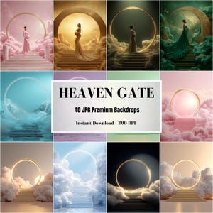 Könnte beinhalten: Eine Sammlung von 40 digitalen Hintergründen mit dem Titel HEAVEN GATE, die verschiedene Szenen von Treppen zeigen, die zu leuchtenden kreisförmigen Portalen führen, umgeben von Wolken in verschiedenen Farbpaletten, dargestellt als Raster.