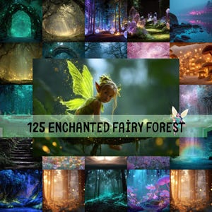 Puede incluir: Un collage de 125 imágenes de Enchanted Fairy Forest. Las imágenes representan varias escenas de fantasía, incluyendo una joven hada con alas verdes, bosques brillantes y paisajes mágicos. El texto "125 ENCHANTED FAIRY FOREST" se muestra en el centro de la imagen.