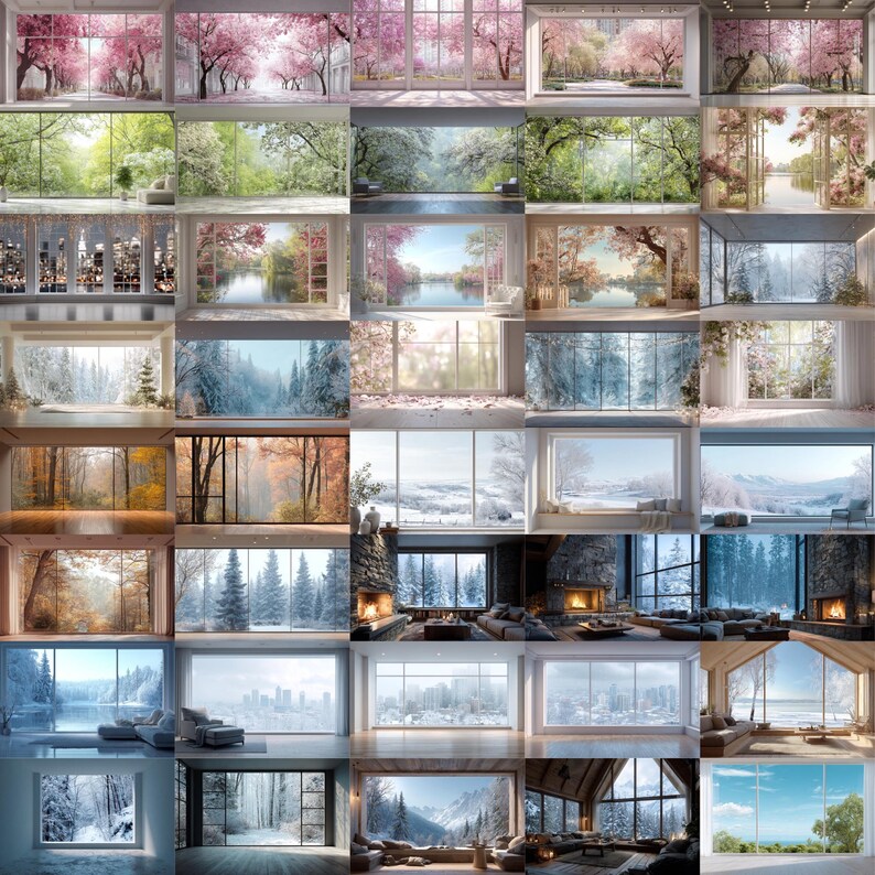 May include: A collection of images featuring large windows with scenic views. The views include cherry blossoms, forests, lakes, and snowy landscapes. Some images show cozy interiors with fireplaces and seating areas, while others display cityscapes.