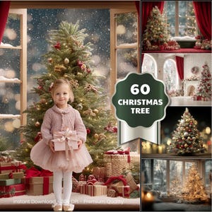 May include: A young girl in a pink sweater and tutu holds a wrapped gift in front of a decorated Christmas tree. The image includes a window with a snowy background and a graphic that says "60 Christmas Tree".