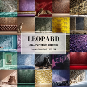 May include: A collection of over 300 digital photography backdrops featuring various leopard print patterns, solid textures, and animal motifs in diverse colors including red, blue, purple, yellow, and green, with the text LEOPARD 300+ JPG Premium Backdrops.
