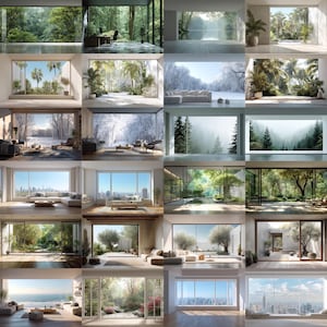 May include: A collection of sixteen interior room views featuring large floor-to-ceiling windows and sliding glass doors that showcase diverse outdoor landscapes including forests, snowy scenes, tropical gardens, and city skylines.