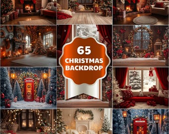 May include: A collection of 65 Christmas backdrops featuring festive scenes. The images showcase decorated Christmas trees, fireplaces, and cozy interiors with red and green accents. Some scenes include snow-covered landscapes and a red telephone booth.