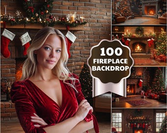 May include: A woman in a red velvet dress stands in front of a brick fireplace decorated for Christmas. The image includes a decorative wreath, stockings, and a banner that says "100 Fireplace Backdrop".