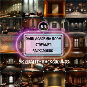 May include: A collage of 12 images showcasing dark academia room backgrounds. The images feature rooms with bookshelves, candles, and vintage furniture. Text on the image reads "DARK ACADEMIA ROOM STREAMER BACKGROUND" and "5K QUALITY BACKGROUNDS".
