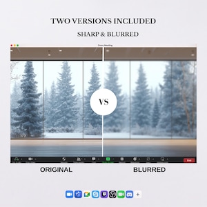 May include: A digital graphic displaying two Zoom meeting background versions, one sharp and one blurred, featuring a winter forest scene with snow-covered pine trees visible through large windows. The text reads TWO VERSIONS INCLUDED SHARP & BLURRED, VS, ORIGINAL, and BLURRED.
