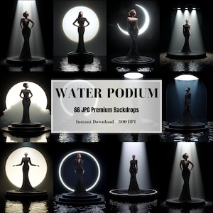 Peut inclure: Une collection de 66 arrière-plans numériques montrant une personne en robe longue noire debout sur un podium circulaire entouré d'eau. Le texte WATER PODIUM 66 JPG Premium Backdrops Instant Download 300 DPI est affiché au centre.