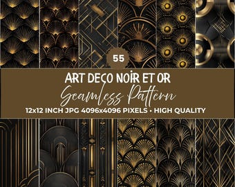 Art Deco Seamless Pattern Bundle | Gold Art Deco Digital Paper | Luxury Geometric Pattern Pack | Black Gold Background JPG