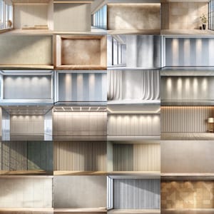 May include: A collection of sixteen interior room scenes featuring various wall textures, including wood paneling, smooth plaster, vertical slats, and tiled surfaces, illuminated by natural light and recessed lighting fixtures.