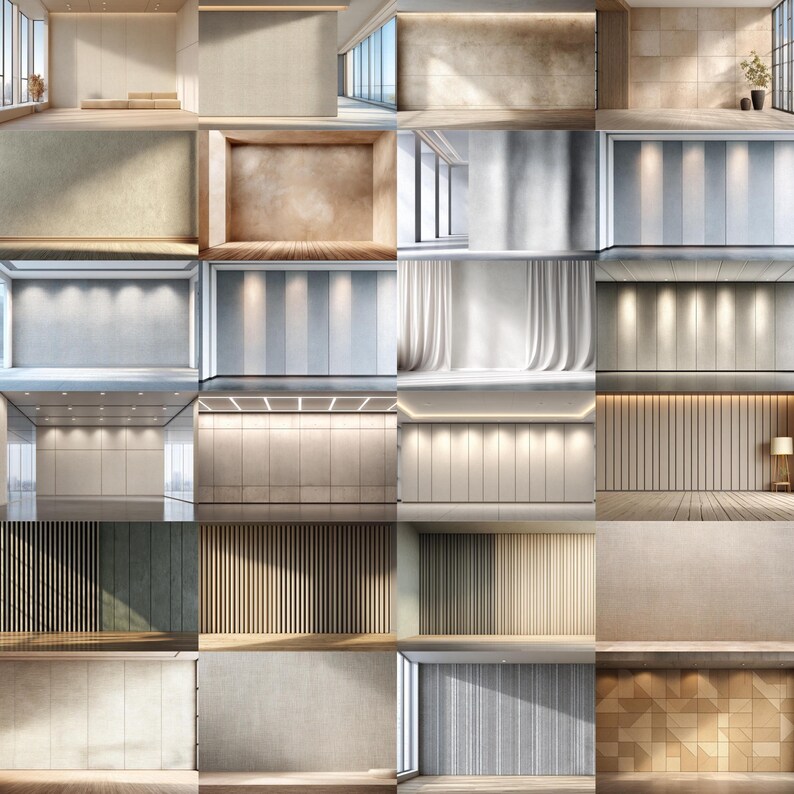 May include: A collection of sixteen interior room scenes featuring various wall textures, including wood paneling, smooth plaster, vertical slats, and tiled surfaces, illuminated by natural light and recessed lighting fixtures.
