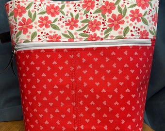 Floral Knitting Project Bag: Red Hearts Tote
