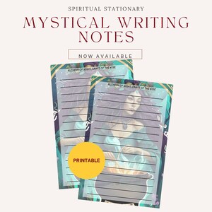 May include: Two printable mystical writing notes with a teal and gold border. The notes feature an illustration of a woman and a cauldron. The text on the notes reads "Alchemy of Night, Craft of the Wise" and "Printable". The top of the image reads "Spiritual Stationary" and "Mystical Writing Notes".