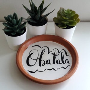 Obatala Orisha Adimu Offering Terracotta Dish - Brush lettering - Watercolor - Ink - Art Medium (6 inches)