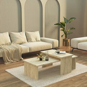 Pode incluir: Uma configuração moderna de sala de estar com um sofá bege, uma mesa de centro a condizer e um tapete. Uma planta em vaso e objetos decorativos são colocados na mesa. O quarto tem uma paleta de cores neutras com piso de madeira.