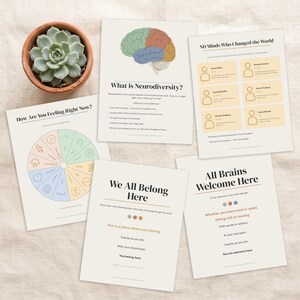 Può includere: Una collezione di poster educativi con testo e grafica, tra cui un diagramma del cervello, una tabella dei sentimenti e il testo che recita "We All Belong Here" e "All Brains Welcome Here". È presente anche una succulenta in vaso.