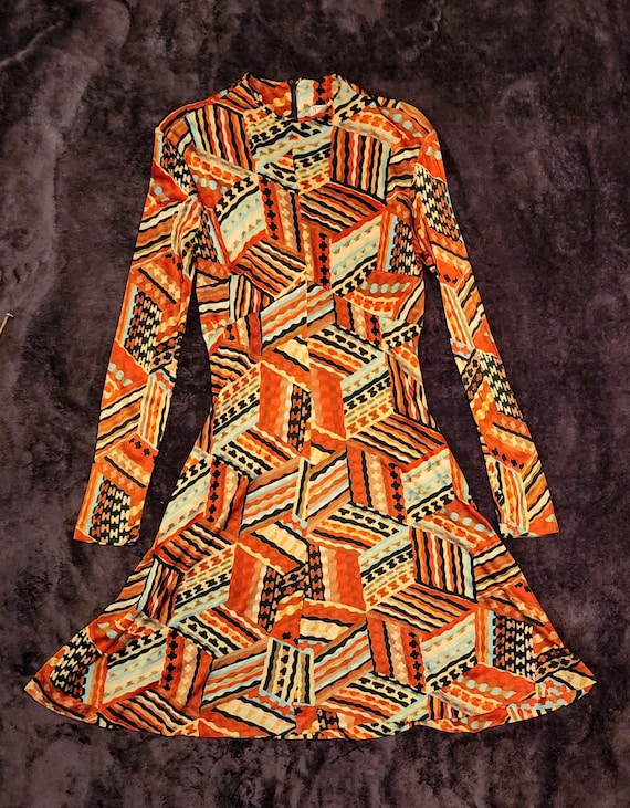 open lace back dress 1960s 70s Vintage Maxi Dress Printed Polyester Jersey Size S Xs