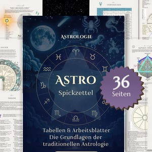 May include: A collection of astrology-themed worksheets and a booklet titled "ASTRO Spickzettel" with 36 pages. The booklet features a dark blue cover with astrological symbols and the text "PDF Download."