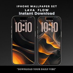 以下が含まれることがあります： 溶岩の流れの壁紙デザインを表示する2つのiPhone画面。壁紙は黒とオレンジ色の配色で、時刻10:10が表示されています。上部のテキストは「IPHONE WALLPAPER SET LAVA FLOW Instant Download」と表示されています。