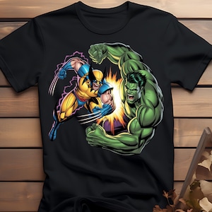 May include: Black t-shirt featuring a vibrant graphic of Wolverine and Hulk in a dynamic battle pose. Wolverine is in a yellow and blue suit, while Hulk is depicted in green. The design includes energy effects.