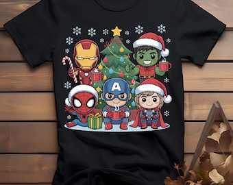 Diseño de camiseta navideña de los Vengadores, linda camiseta navideña de superhéroe PNG / Camiseta con gráfico navideño, atuendo para fiesta navideña / Descarga digital