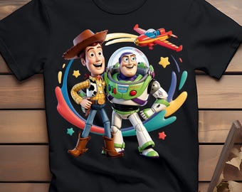 Cowboy and Space Hero Duo Kids T-Shirt PNG | Toy Lovers Cartoon Style T Shirt Design for Kids | Digital Download PNG