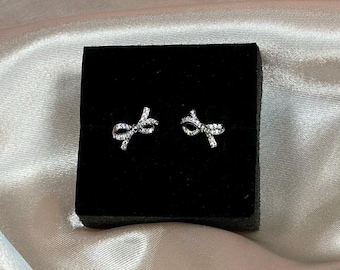 Crystal Bow Stud Earrings | Dainty Ribbon Bow Earrings | Silver Sparkly Bow Studs | Elegant Gift for Her | Minimalist Jewelry | Everyday Ear