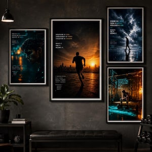 May include: Four framed vertical wall art prints featuring motivational text and imagery of individuals in urban settings. The prints display dark, atmospheric colour palettes with orange, blue, and black tones, showcasing silhouettes and cityscapes.
