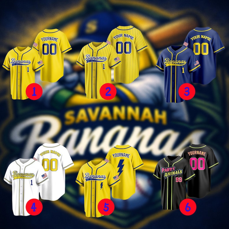 May include: A collection of six baseball jerseys featuring various designs, including yellow, blue, white, and black colorways. Each jersey displays the text Bananas or Party Animals, player numbers, and a small American flag patch on the sleeve.